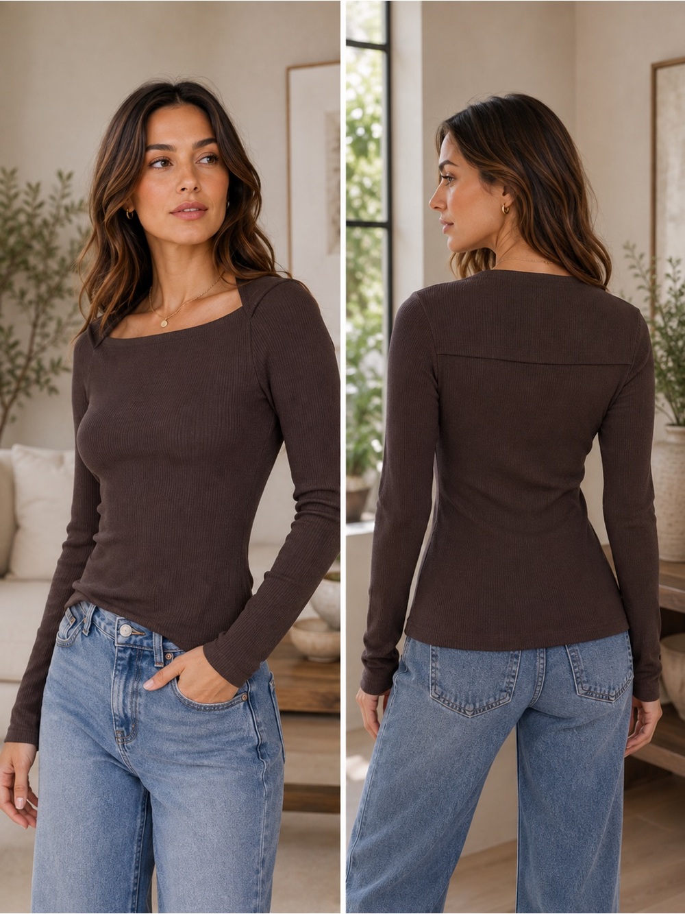 Square Neck Ribbed Long-Sleeve Top - Brown